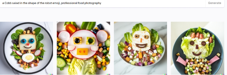 Una ensalada cobb con forma de emoji robot, fotografía profesional de alimentos.