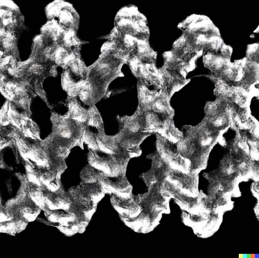 Fotografía tomada bajo un microscopio electrónico de barrido de un núcleo formado por bobinas de ADN enrollado.