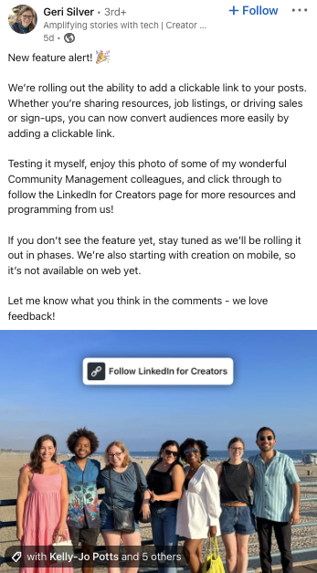 LinkedIn le permite agregar enlaces en los que se puede hacer clic a sus publicaciones de fotos