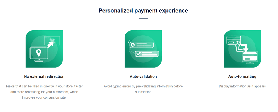 Página web de PrestaShop para pagos de PrestaShop Checkout, que no incluyen redirección externa, autovalidación y autoformato.