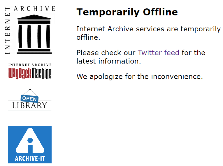 Captura de pantalla de la página web Internet Archive.org que muestra que está temporalmente inactiva