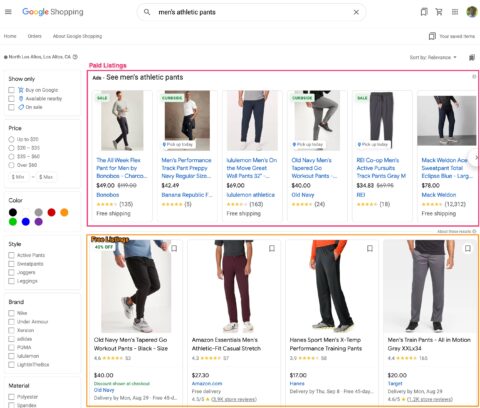 Resultados de búsqueda de Google Shopping para pantalones de hombre