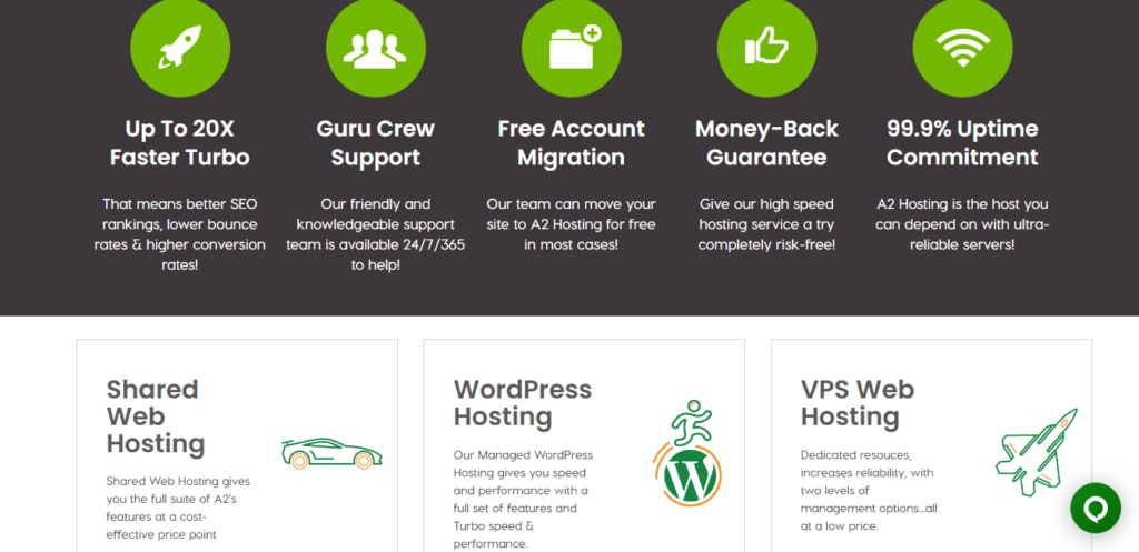 Captura de pantalla de la página del sitio web de A2 Hosting que muestra las funciones y los servicios de alojamiento, incluido el alojamiento web compartido, el alojamiento de WordPress y el alojamiento web de VPS