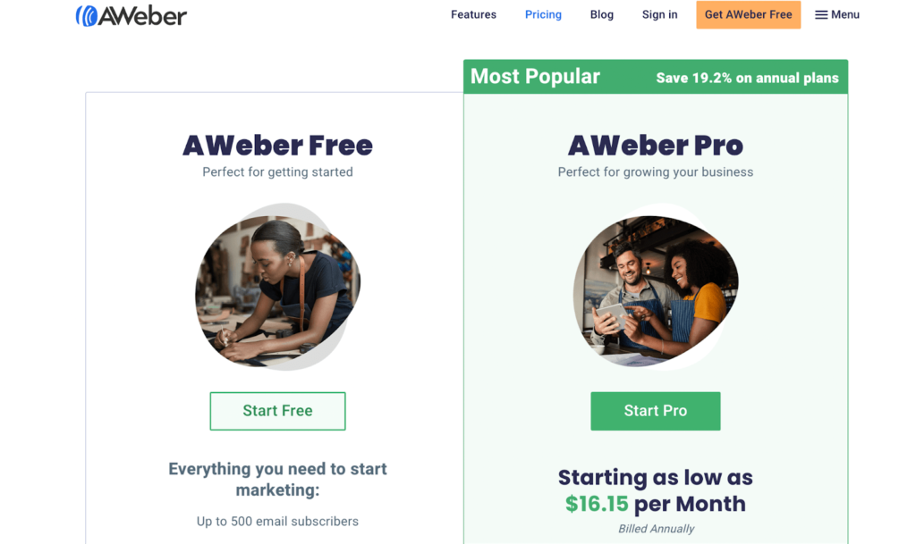 Captura de pantalla de los planes de precios de AWeber con opciones para AWeber Free o AWeber Pro