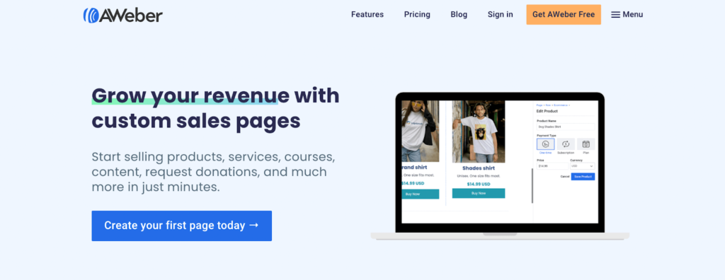 Captura de pantalla de la página del sitio web de AWeber con el título que dice: "Aumente sus ingresos con páginas de ventas personalizadas"