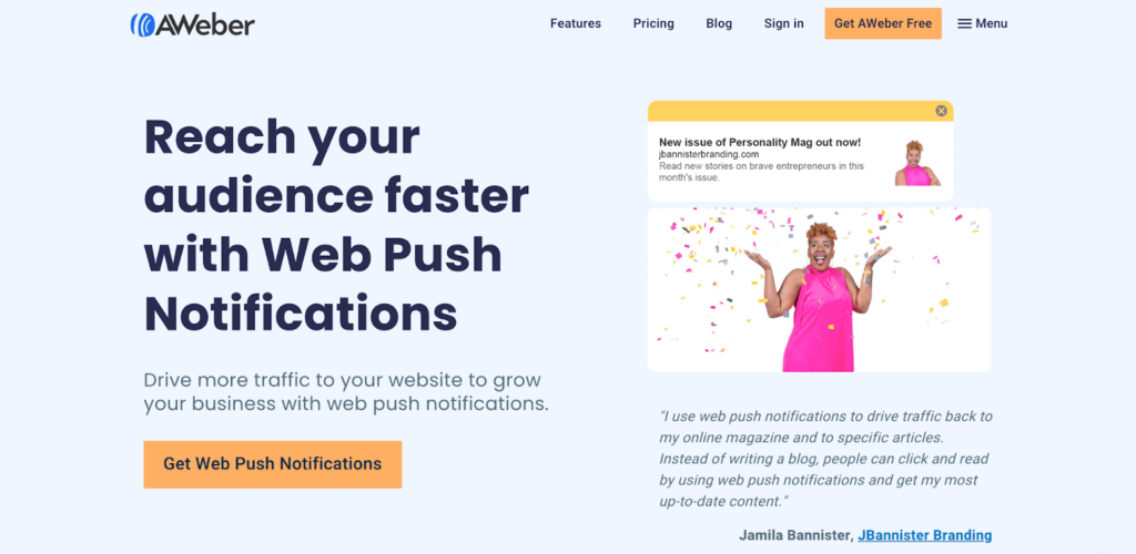Captura de pantalla de la página de destino de AWeber con el título que dice: "Llega a tu audiencia más rápido con las notificaciones web push"