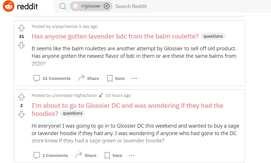 Capturas de pantalla de las preguntas de los usuarios en el subreddit r / glossier