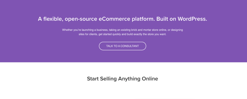 Captura de pantalla de la página del sitio de WooCommerce con el título que dice: "Una plataforma de comercio electrónico flexible y de código abierto.  Construido en WordPress."