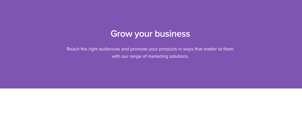 Captura de pantalla de la página de WooCommerce con el título que dice: "Haga crecer su negocio" y un encabezado más pequeño a continuación dice: "Llegue a la audiencia adecuada y promocione sus productos de manera que les interese con nuestra gama de soluciones de marketing."
