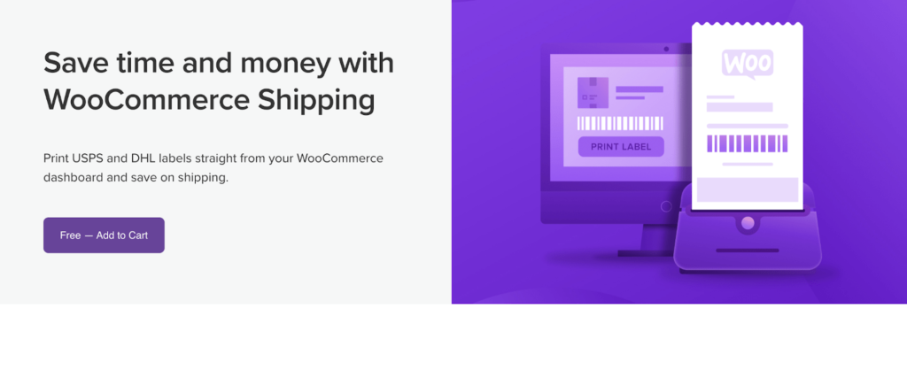 Captura de pantalla de la página de envío de WooCommerce con el título que dice: "Ahorre tiempo y dinero con el envío de WooCommerce"