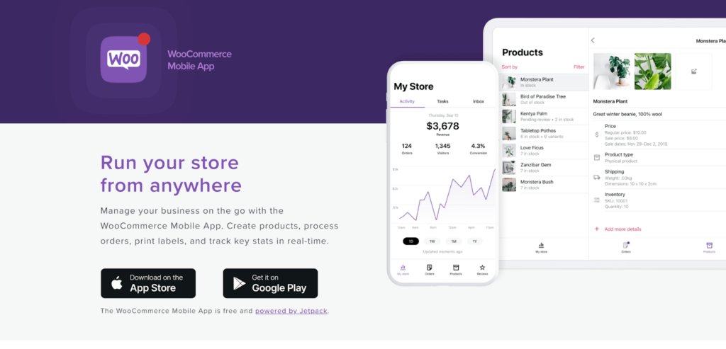 Captura de pantalla de la página de la aplicación móvil WooCommerce con el título que dice "Gestiona tu tienda desde cualquier lugar" y descarga las opciones en Apple App Store o Google Play