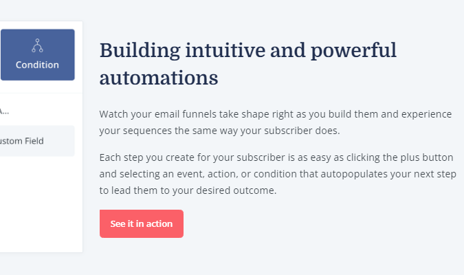 Una parte del sitio web de ConvertKit que describe cómo automatizar su campaña de correo electrónico en función de las acciones de los suscriptores.