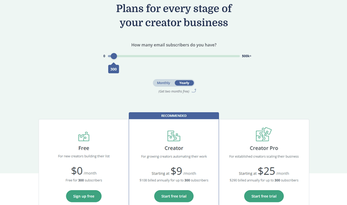 Los tres planes de precios de ConvertKit: un plan gratuito, el plan Creator por $ 9 por mes y el plan Creator Pro por $ 25 por mes