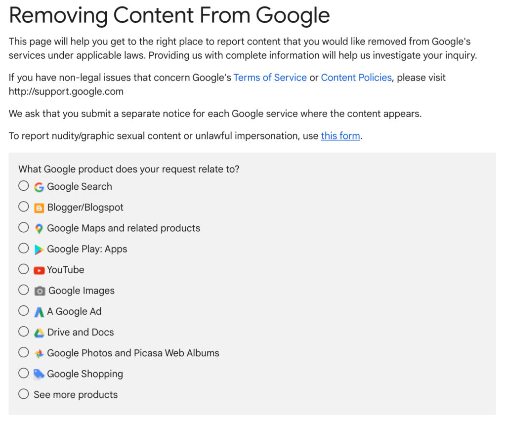 Captura de pantalla del formulario DMCA de Google que solicita la eliminación de contenido de Google