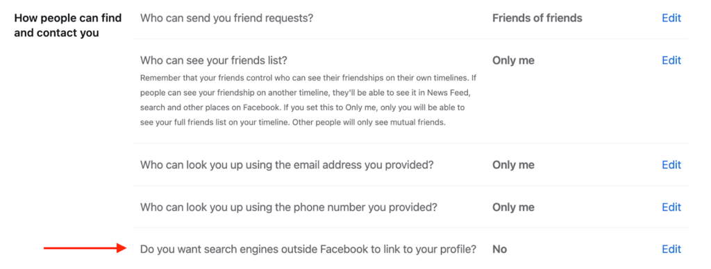 Captura de pantalla de la configuración de privacidad de Facebook con una flecha roja que apunta a la pregunta, "¿Quieres que los motores de búsqueda que no sean de Facebook se vinculen a tu perfil?"