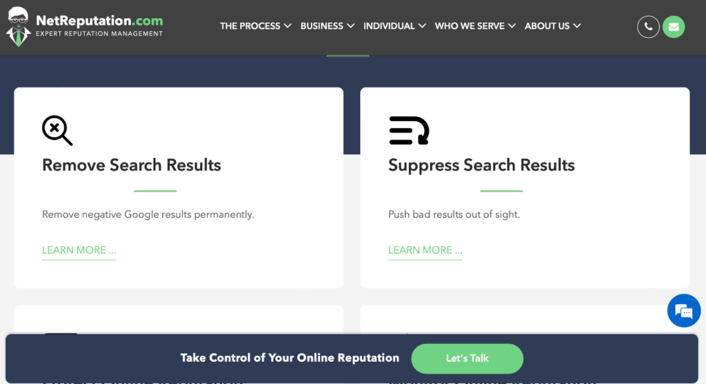 Página del sitio web de NetReputation para eliminar o suprimir resultados de búsqueda