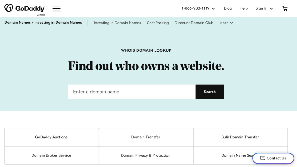 Página whois de GoDaddy para saber quién es dueño de un sitio web