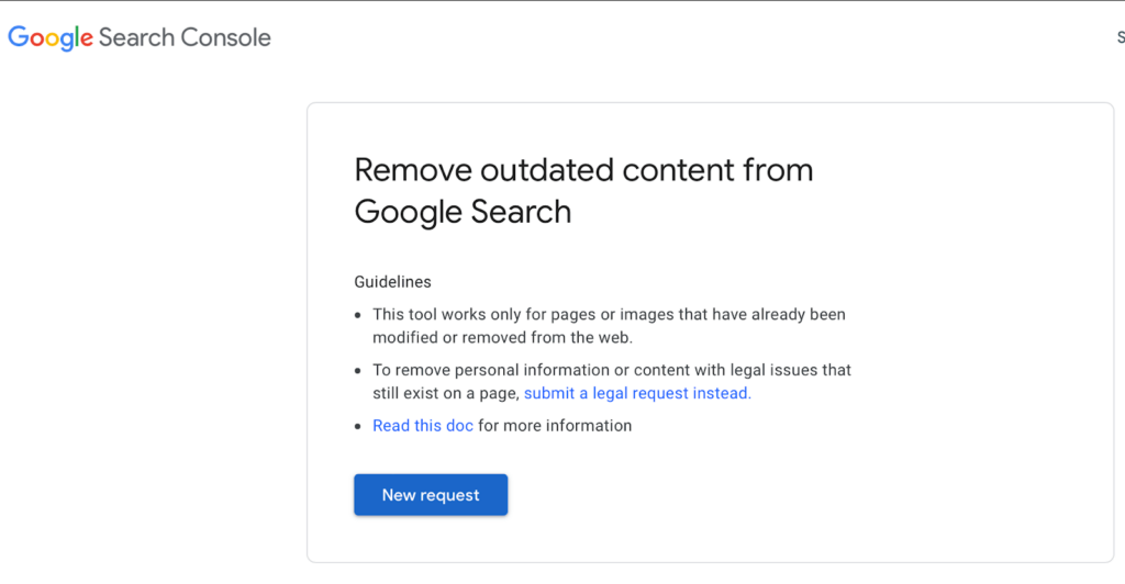 Página de Google Search Console para eliminar contenido obsoleto de Google Search