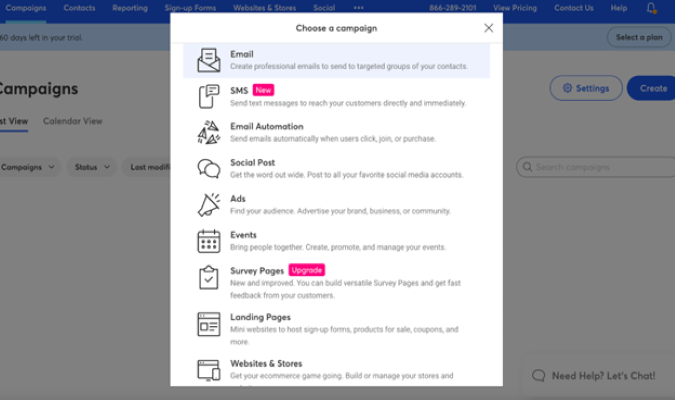 Una imagen que muestra las opciones de campaña de la interfaz de Constant Contact, incluidos correo electrónico, SMS, redes sociales y anuncios.