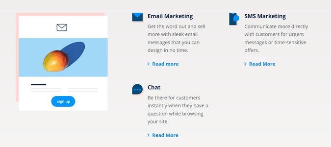 Captura de pantalla de la página del sitio web de Sendinblue que muestra cómo Sendinblue difiere en muchos canales de comunicación, incluido el marketing por correo electrónico, el marketing por SMS y el chat
