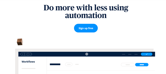 Captura de pantalla de la página del sitio web de Sendinblue que dice: "Haga más con menos mediante el uso de la automatización."