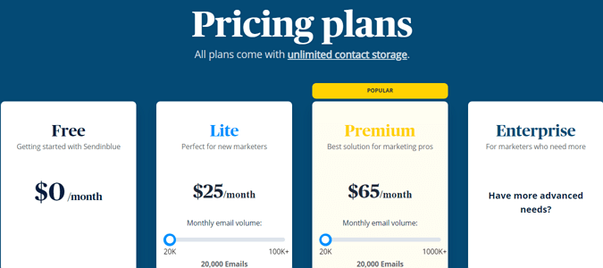 Capturas de pantalla de los cuatro planes asequibles de Sendinbue para comenzar, incluidos Free, Lite, Premium y Enterprise