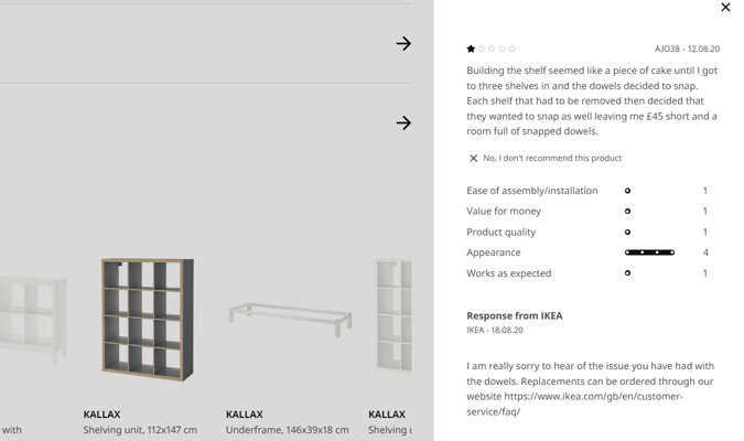 Ejemplo de una respuesta de revisión personalizada de Ikea disculpándose por cualquier problema que haya tenido el cliente con los productos que compró