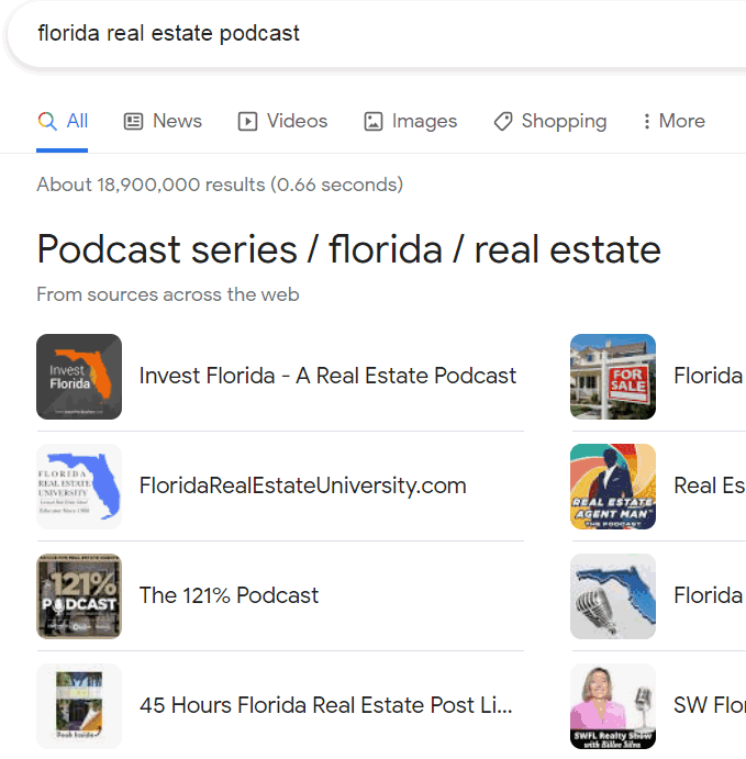Captura de pantalla de Florida Real Estate Podcasts en Google Search