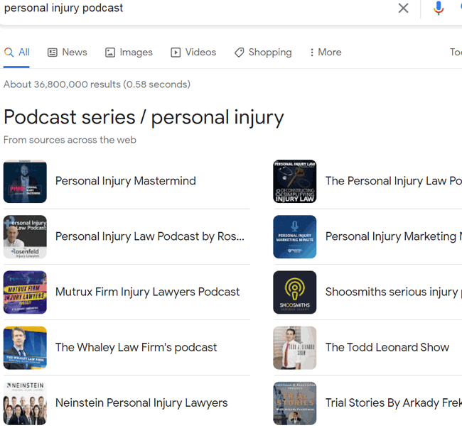 Captura de pantalla de podcasts de lesiones personales en los resultados de búsqueda de Google