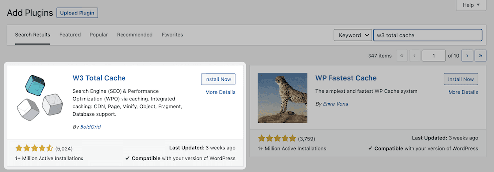 La pantalla Agregar complemento de WordPress, que resalta el complemento W3 Total Cache.