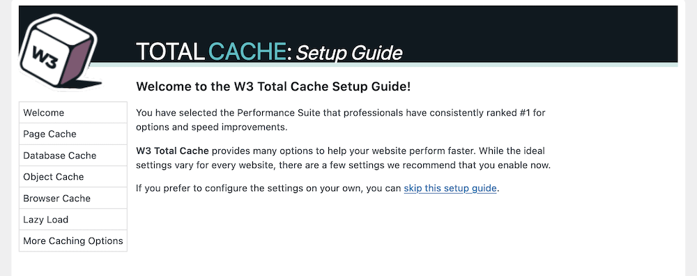 La pantalla de la Guía de instalación de W3 Total Cache.