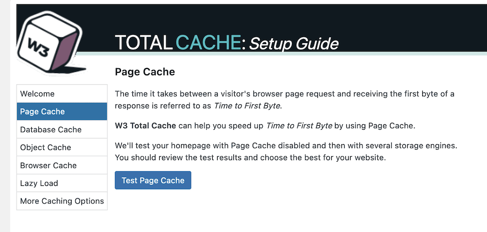 La sección Caché de página de la Guía de configuración de W3 Total Cache.