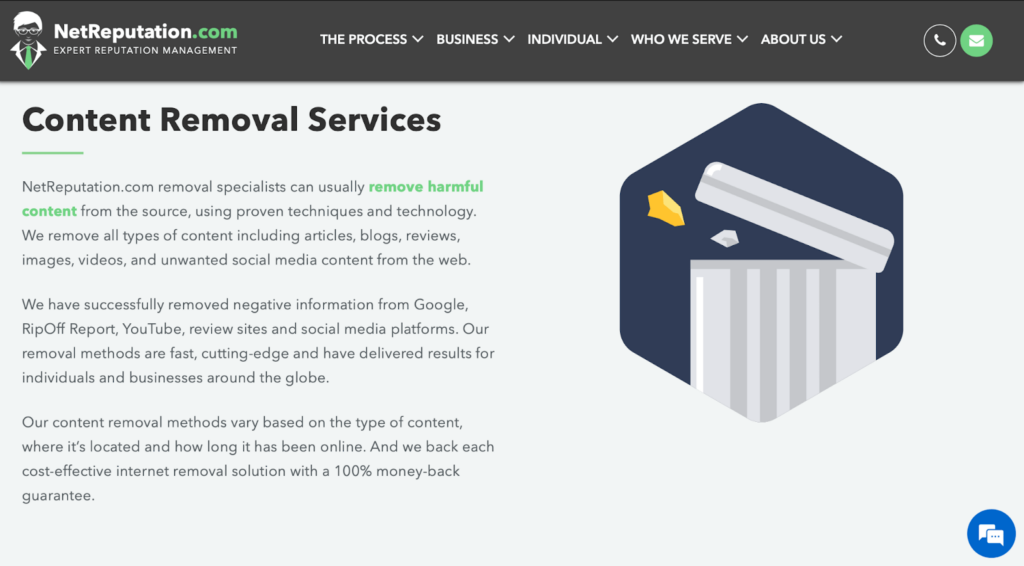 Captura de pantalla de la página web de servicios de eliminación de contenido de NetReputation