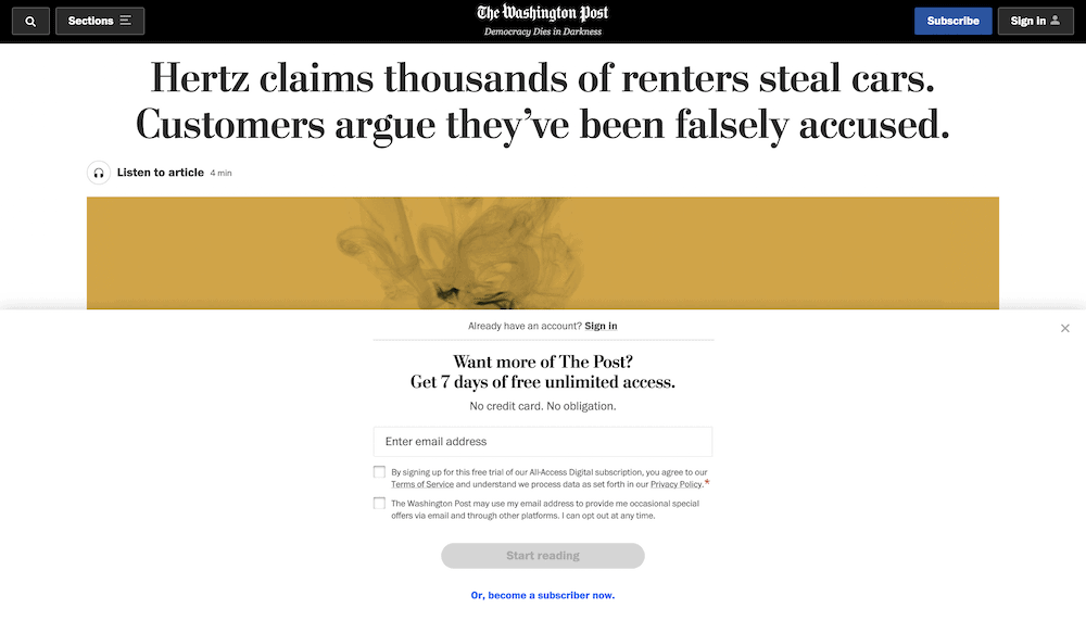 El sitio web del Washington Post, que muestra un muro de pago que ofrece una muestra gratuita de contenido.