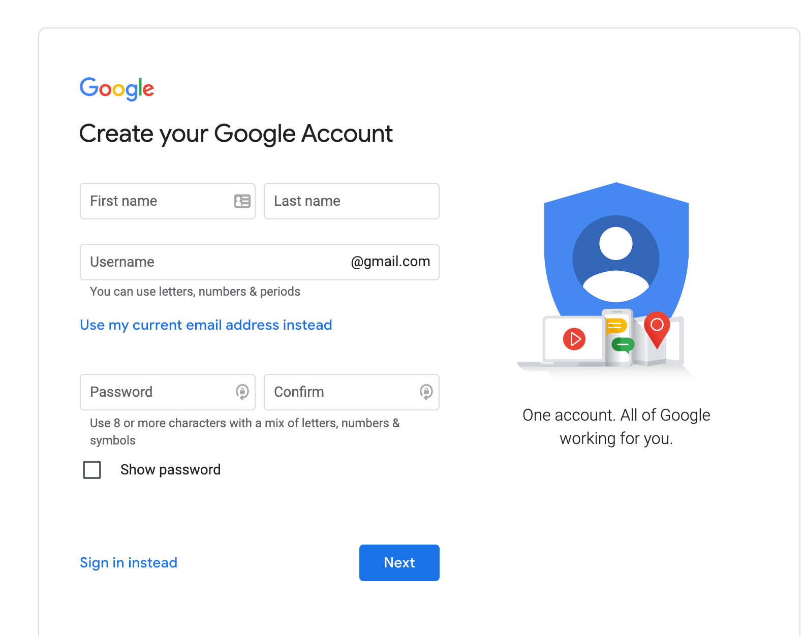 Google Crear una página de cuenta