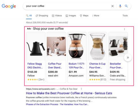 Página de resultados de búsqueda de Google para derramar café que muestra anuncios de compras