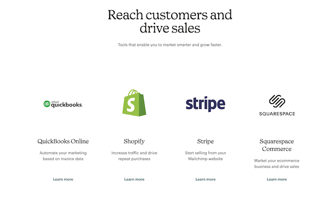 Captura de pantalla que muestra posibles integraciones de Mailchimp, incluidos QuickBooks Online, Shopify, Stripe y Squarespace