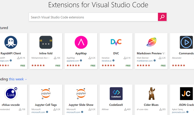 Captura de pantalla de Visual Studio Code Marketplace donde puede buscar extensiones de VS Code