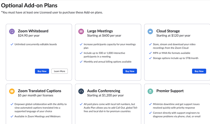 Captura de pantalla de la página web de Zoom que muestra los precios de planes opcionales adicionales