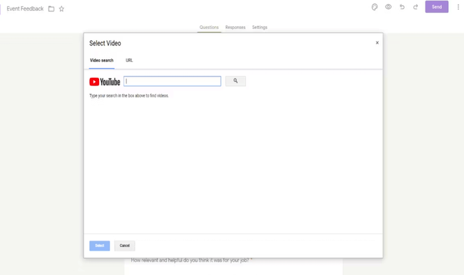Captura de pantalla de la página del Formulario de Google con la opción de seleccionar un video de YouTube