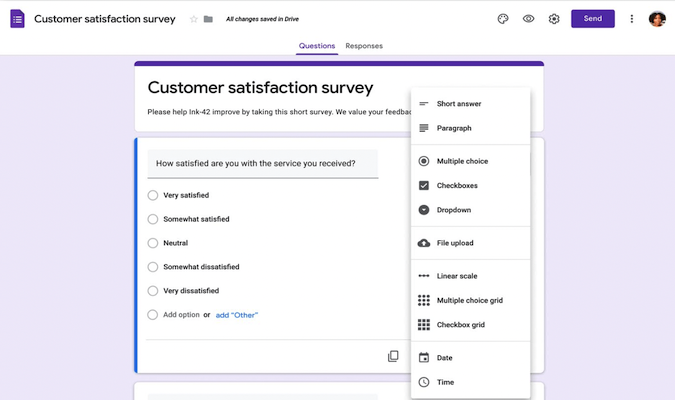 Ejemplo de encuesta de satisfacción del cliente de Google Forms