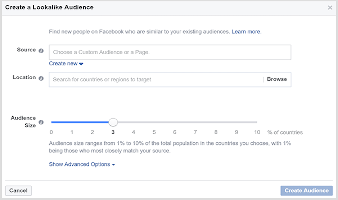Ejemplo de una herramienta de audiencia similar a un anuncio de Facebook para dirigirse a usuarios similares a su audiencia existente