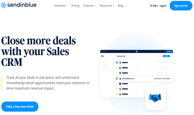 Captura de pantalla de la página web de ventas de CRM de Sendinblue