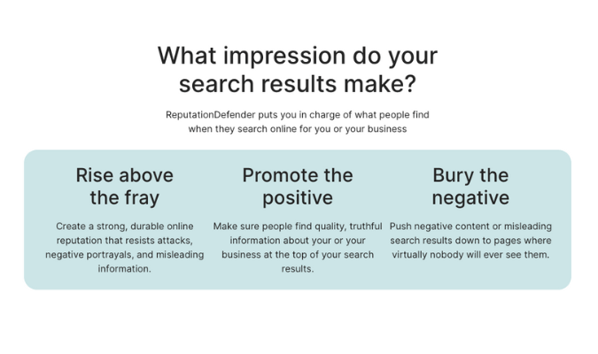 Captura de pantalla de la página web de administración de resultados de búsqueda de ReputationDefender con el título que pregunta: "¿Qué impresión dan los resultados de búsqueda?"