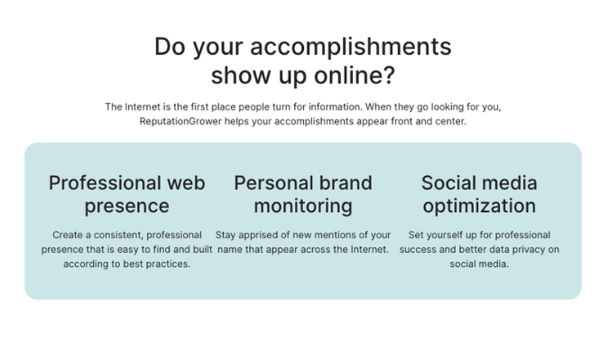Captura de pantalla de la página web de ReputationDefender Personal Branding con el título que pregunta: "¿Se muestran sus resultados en línea?"