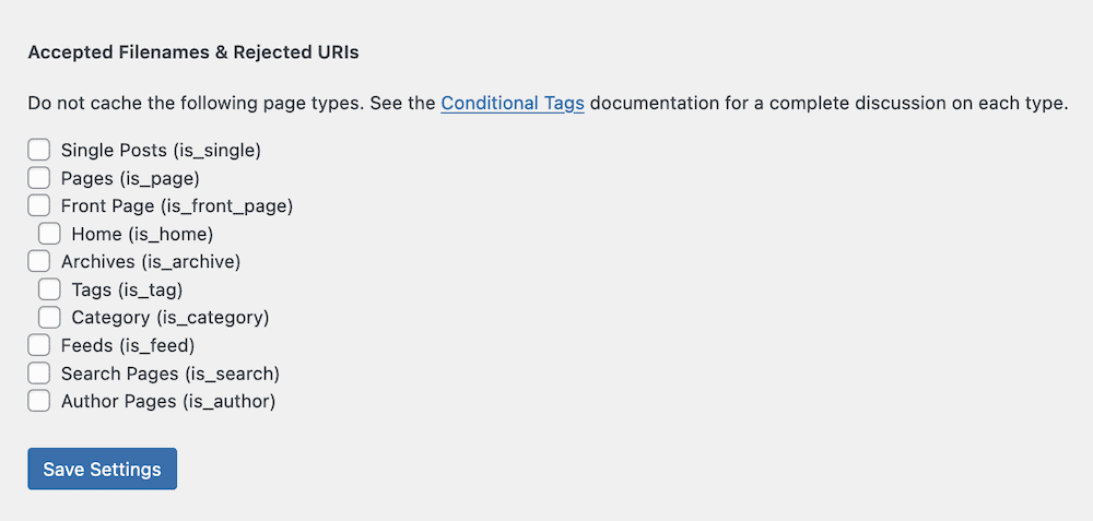 Nombres de archivo y opciones admitidos para URI rechazados en WP Super Cache.