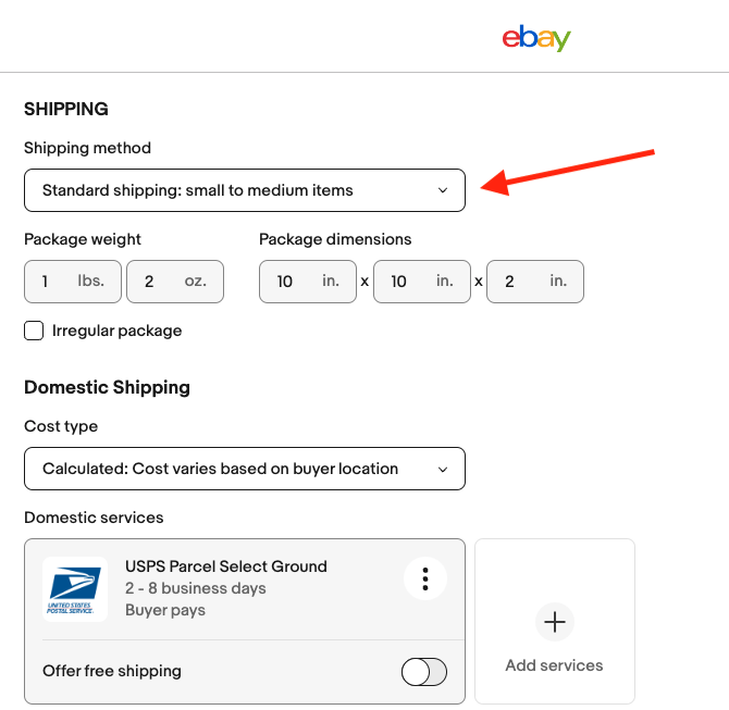 Configuración de envío de EBay.