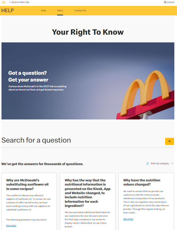 Ayuda de McDonald's: página de muestra de preguntas frecuentes