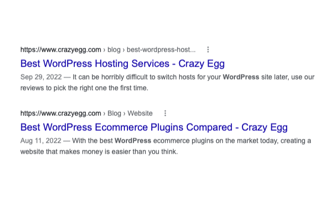 Captura de pantalla de los resultados de búsqueda de Google para "Huevo Loco WordPress" con URL, título SEO, fecha de publicación y meta descripción.
