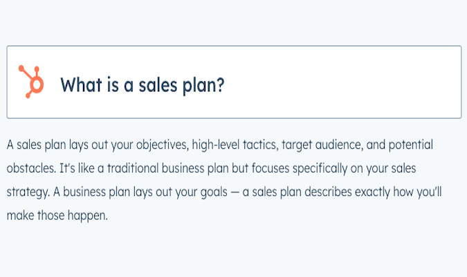 Captura de pantalla de la respuesta de HubSpot a la pregunta, "que es un plan de ventas"?